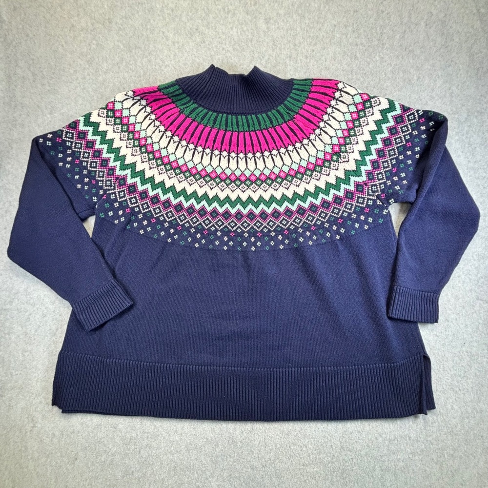 Crown & Ivy Fair Isle Mock Neck Sweater Navy Pink Green White Women's XL - Picture 3 of 8